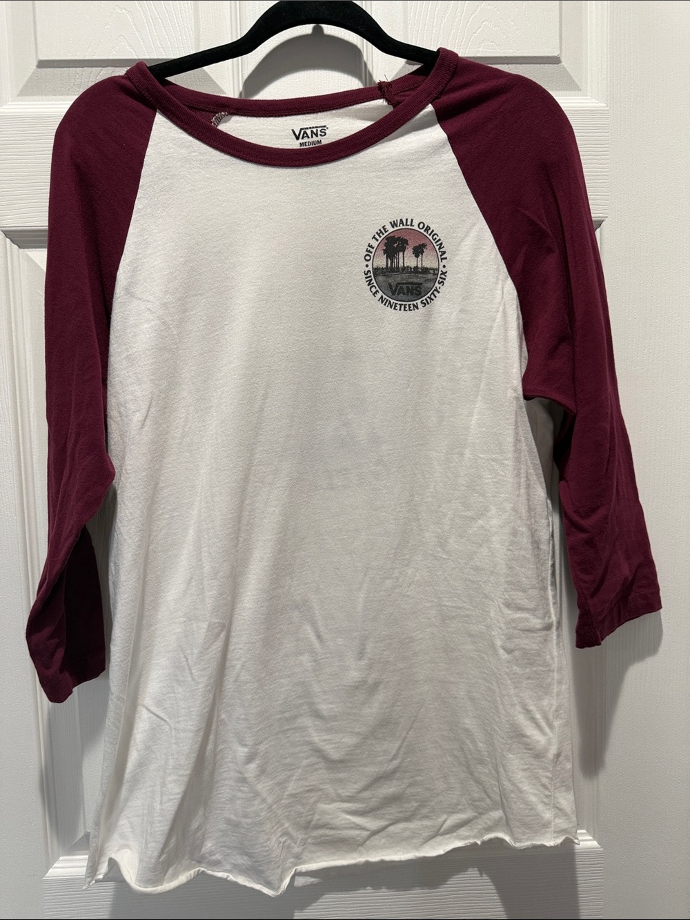 Vans White Tee with Burgundy Raglan Trim